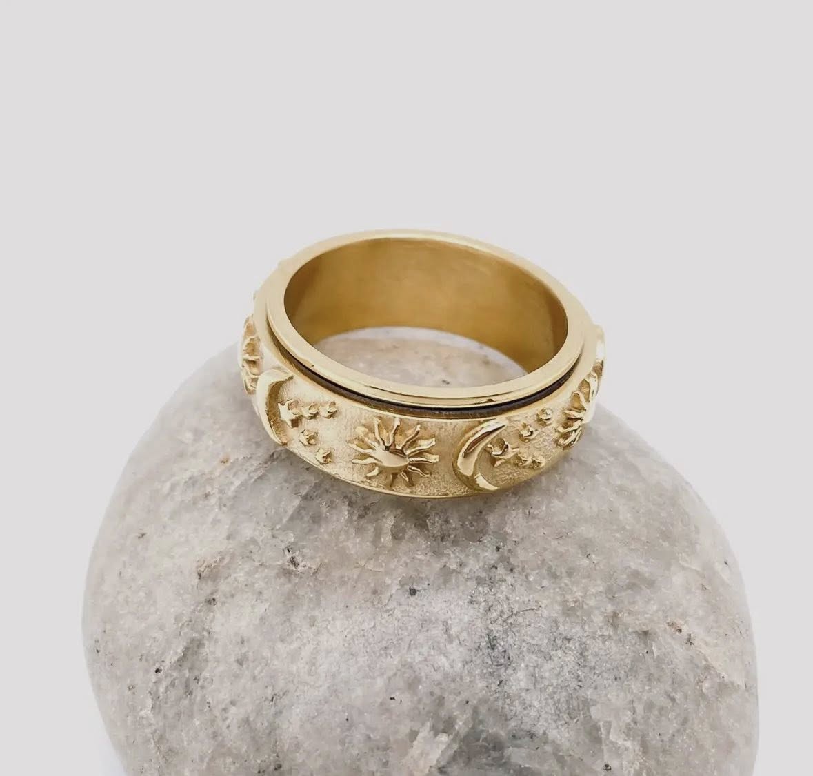 Star Moon and Sun Stainless Steel Rotatable Fidget Ring, Gold