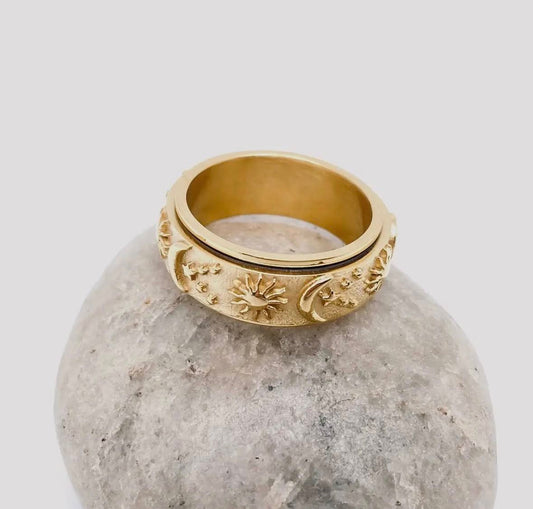 Star Moon and Sun Stainless Steel Rotatable Fidget Ring, Gold