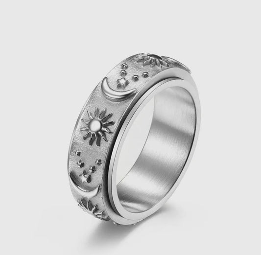 Star Moon and Sun Stainless Steel Rotatable Fidget Ring, Silver