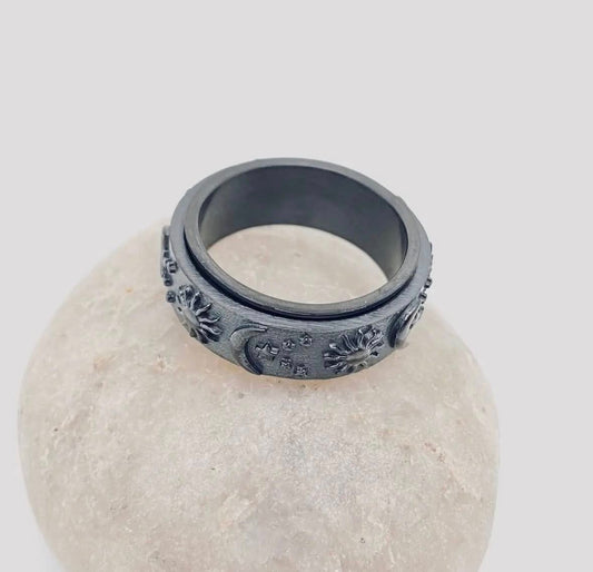 Star Moon and Sun Stainless Steel Rotatable Fidget Ring, Black
