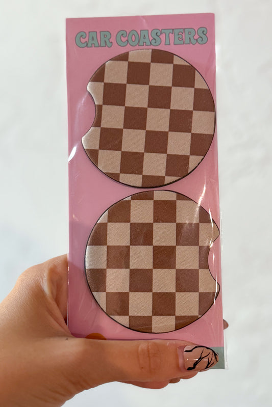 Brown Checker Pattern Car Coasters