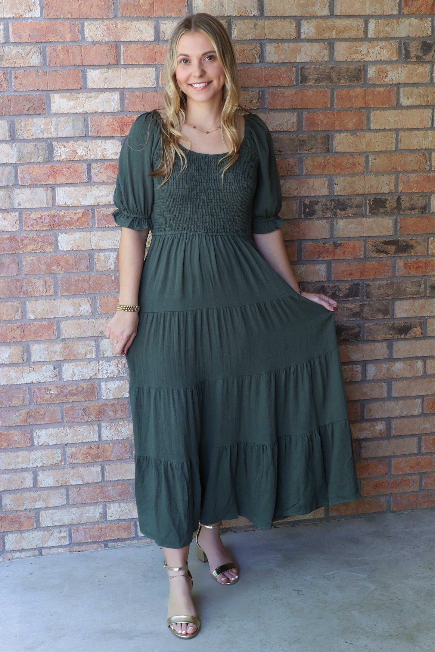 Jolene Smocked Tiered Maxi Dress, Forest Green