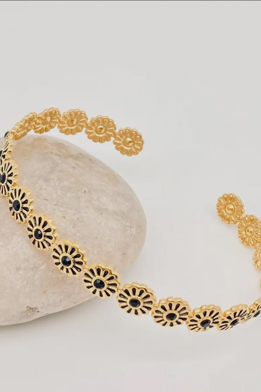 Wren Black Enamel Flower 18K Gold Plated Stainless Steel Cuff, Gold