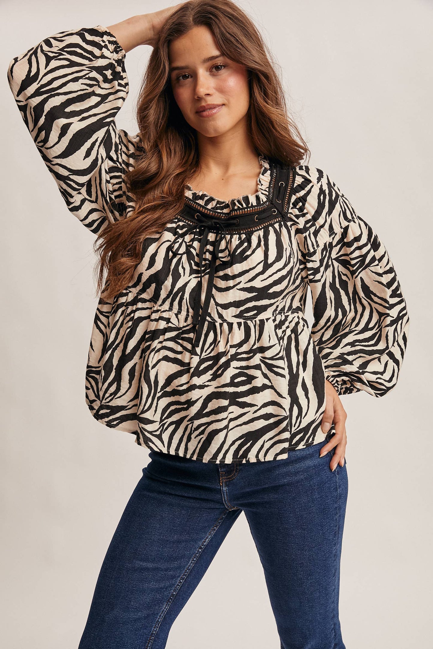 Running Wild Zebra Jacquard Blouse with Faux Leather Trim, Black