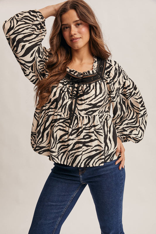 Running Wild Zebra Jacquard Blouse with Faux Leather Trim, Black