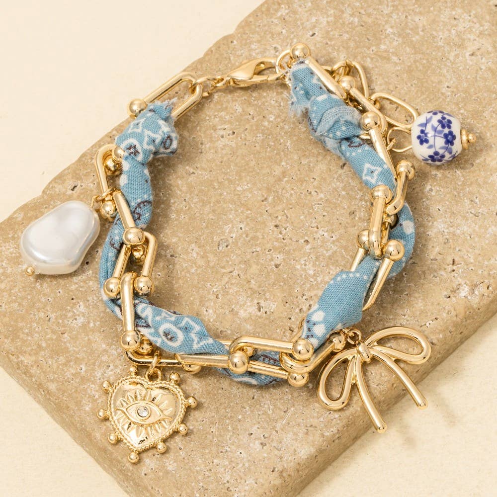 Assorted Charms Bandana And Chain Bracelet, Light Blue