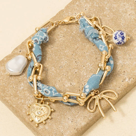 Assorted Charms Bandana And Chain Bracelet, Light Blue