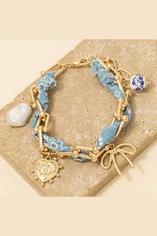 Assorted Charms Bandana And Chain Bracelet, Light Blue