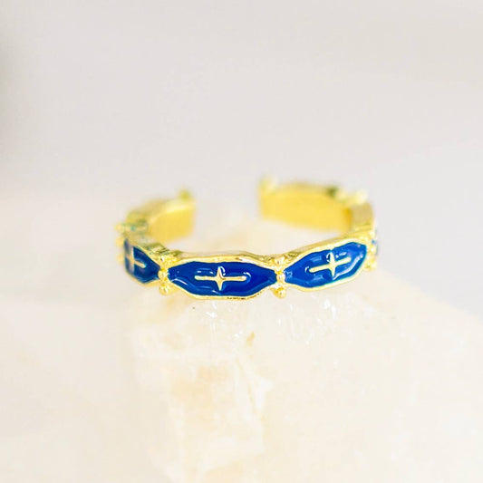 Mariana Hand Crafted Blue Cross 18K Gold Plated Stainless Steel Ring