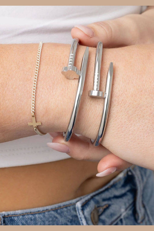 Stevie 18K Gold Plated Stainless Steel Nail Bangle, Silver (Round Nail Head)