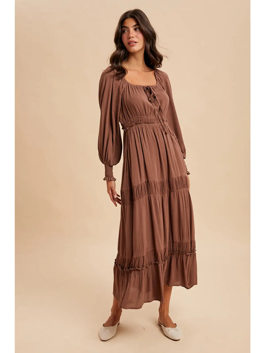 Finding Happiness Gathered Square Neck Maxi Dress, Mocha Mousse