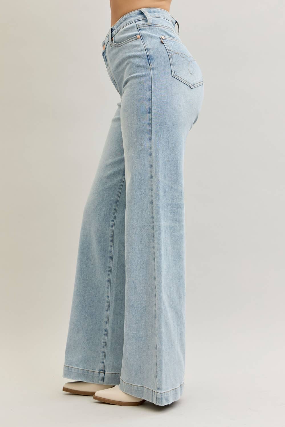 High Waisted Retro Wide Criss-Cross Waist Band Mild Destroy Judy Blue Jeans, Light Wash
