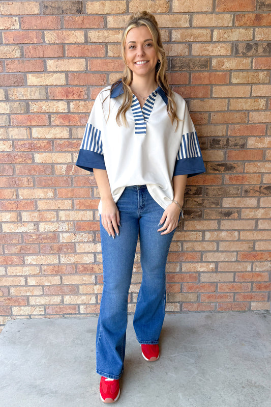 Fresh Start Color Block French Terry Collared Top, White/Blue