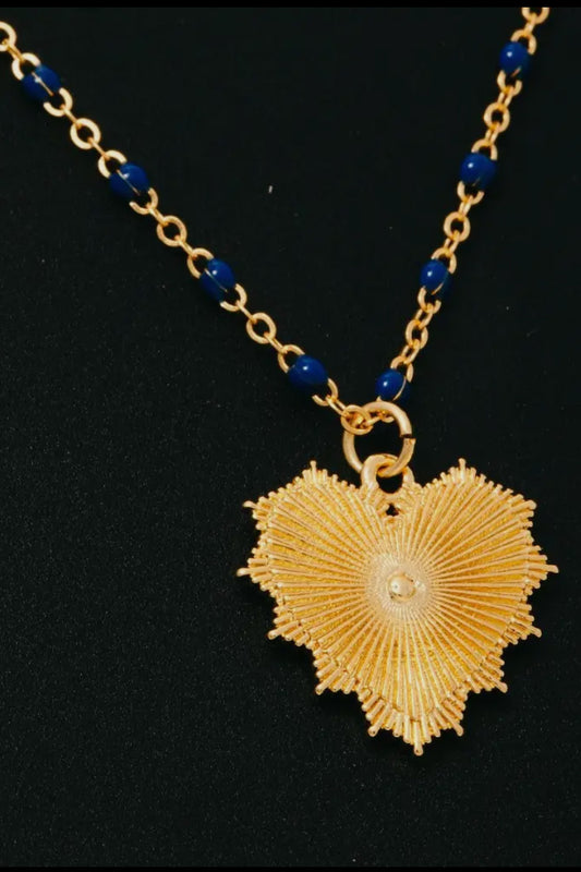 Gold Dipped Bead and Chain Heart Pendant Necklace, Blue