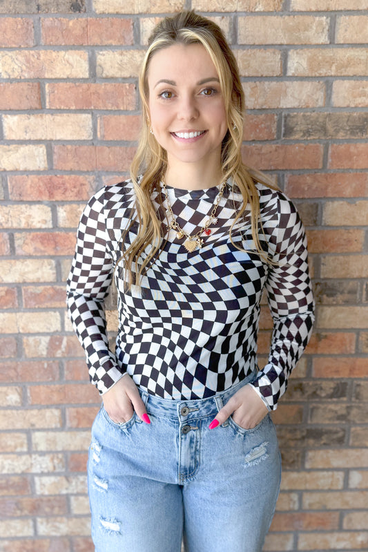 Cool Confidence Checkered Mesh Mock Neck Top, Black/White