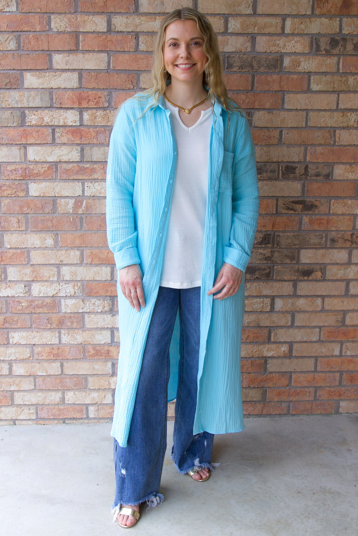 Soak Up The Sun Breathable Cotton Button-Down Duster, Aqua Breeze