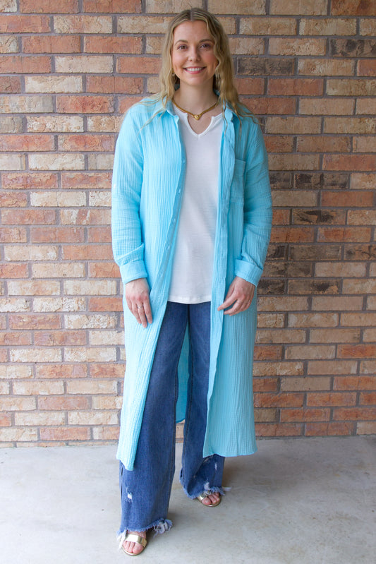 Soak Up The Sun Breathable Cotton Button-Down Duster, Aqua Breeze