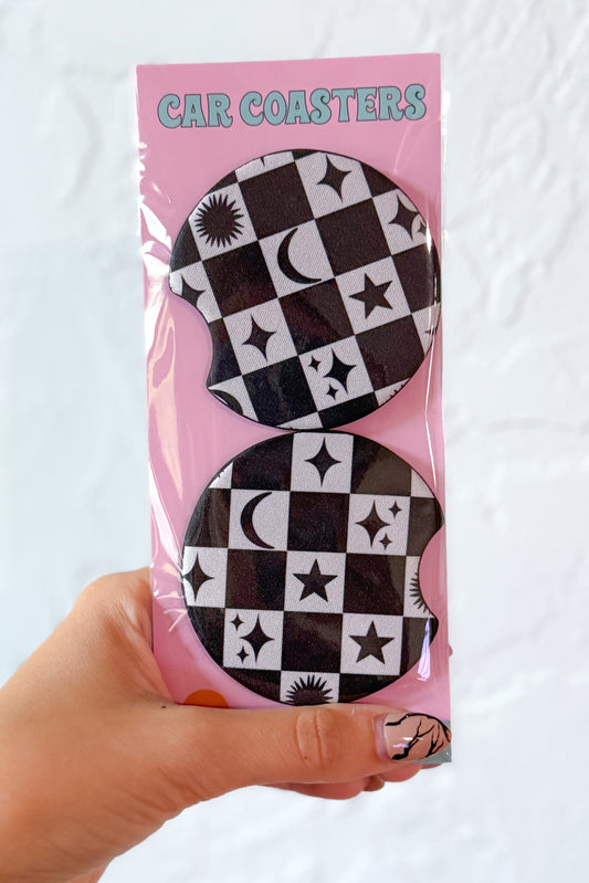 Black Moon and Stars Checker Pattern Car Coasters