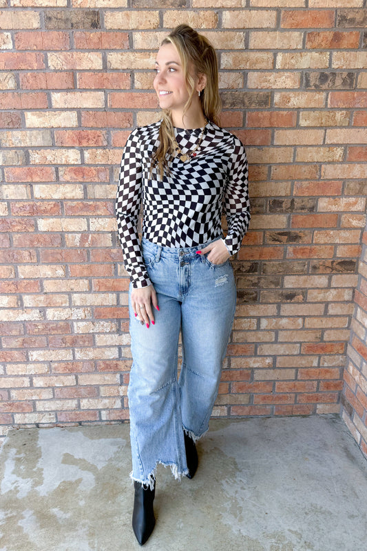 Cool Confidence Checkered Mesh Mock Neck Top, Black/White