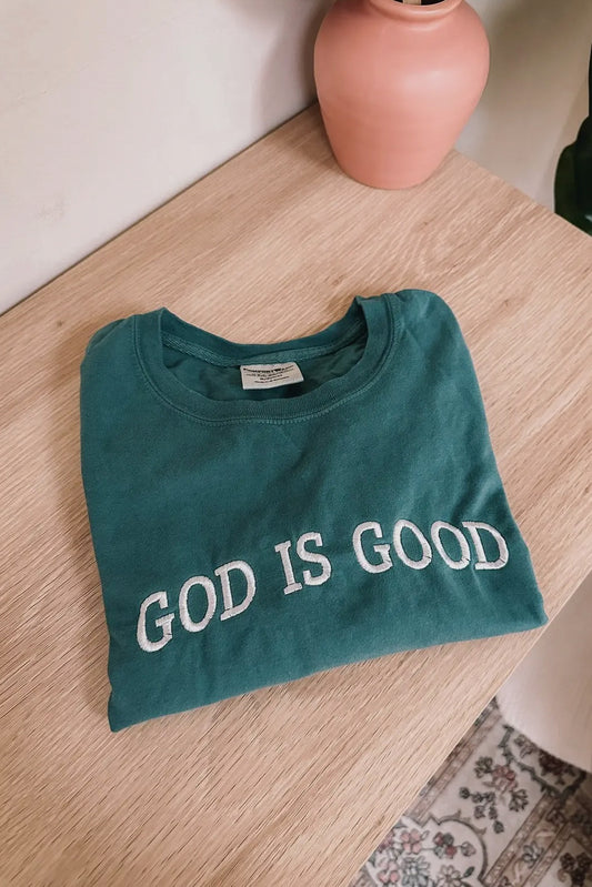 God Is Good Embroidered Comfort Colors Tee, Cactus