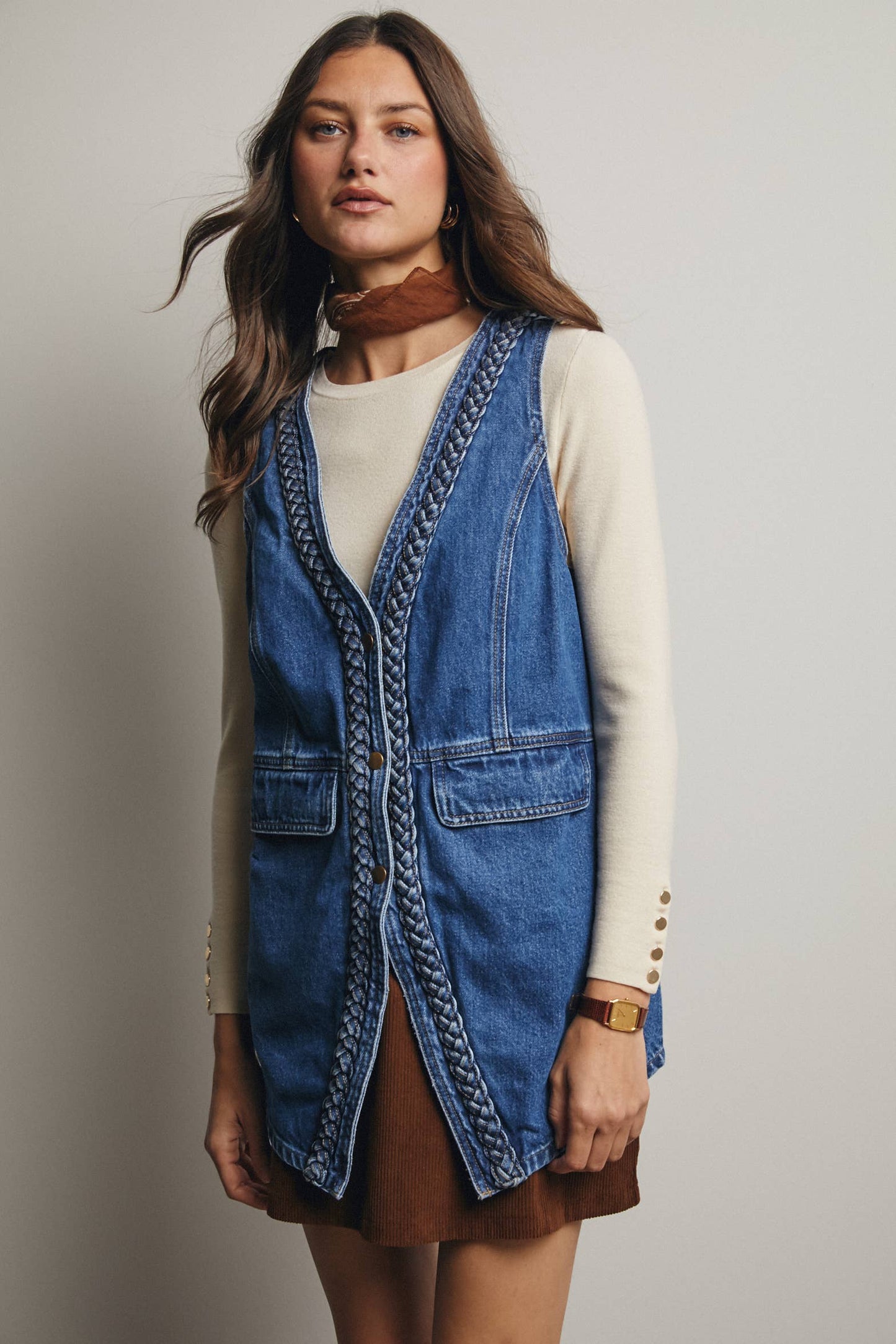 Meet Me There Braided Trim Denim Vest, Blue Haze
