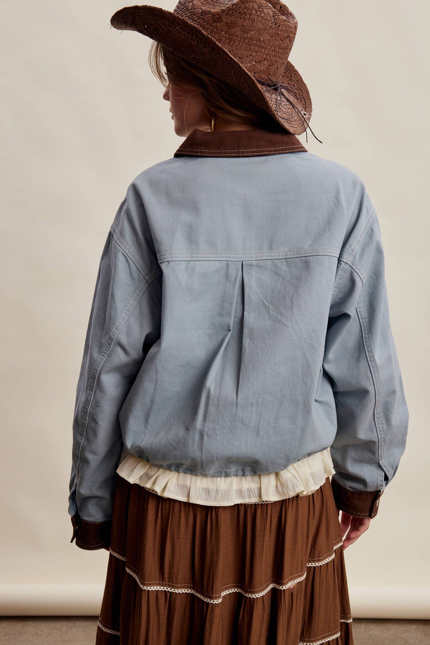 The Scenic Route Contrast Trim Western Utility Jacket, Dusty Blue