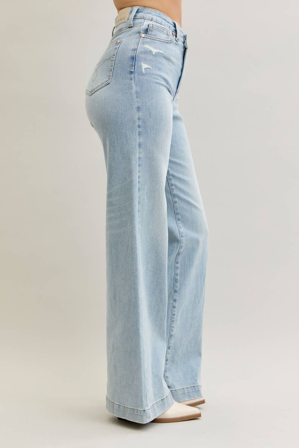 High Waisted Retro Wide Criss-Cross Waist Band Mild Destroy Judy Blue Jeans, Light Wash