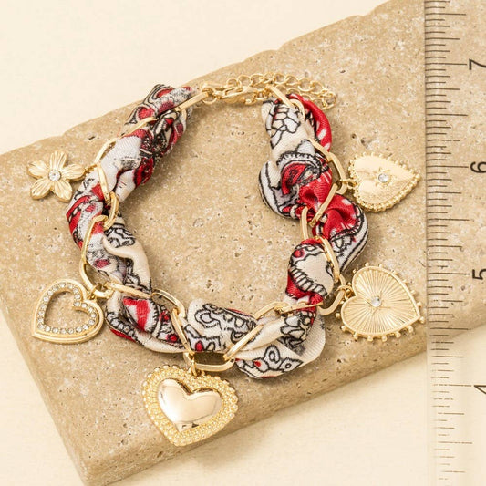 Hearts And Flower Charms Bandana Chain Braided Bracelet, Gold/Red