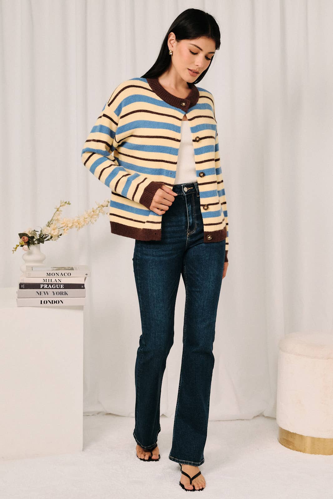 Don't Dream It's Over Striped Button Down Sweater Cardigan, Lemon/Multi