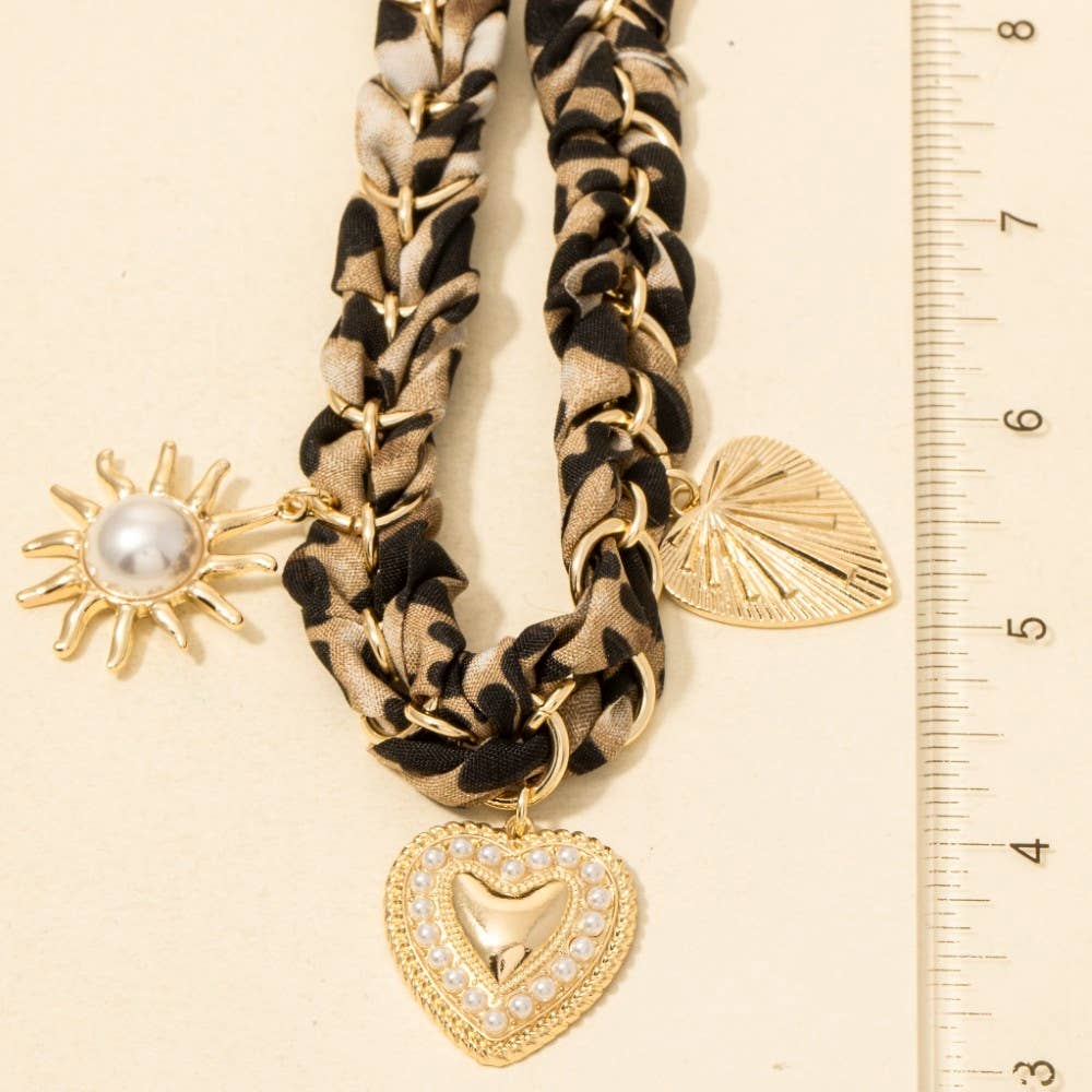 Pearl Studded Heart And Sun Charms Leopard Braided Bandana Necklace, Brown