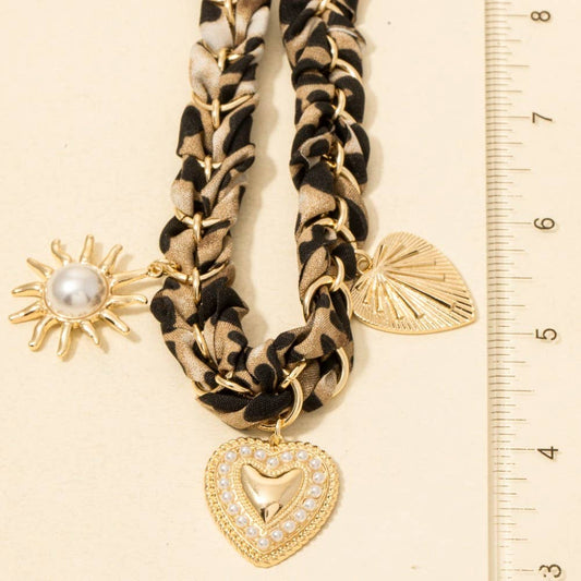 Pearl Studded Heart And Sun Charms Leopard Braided Bandana Necklace, Brown