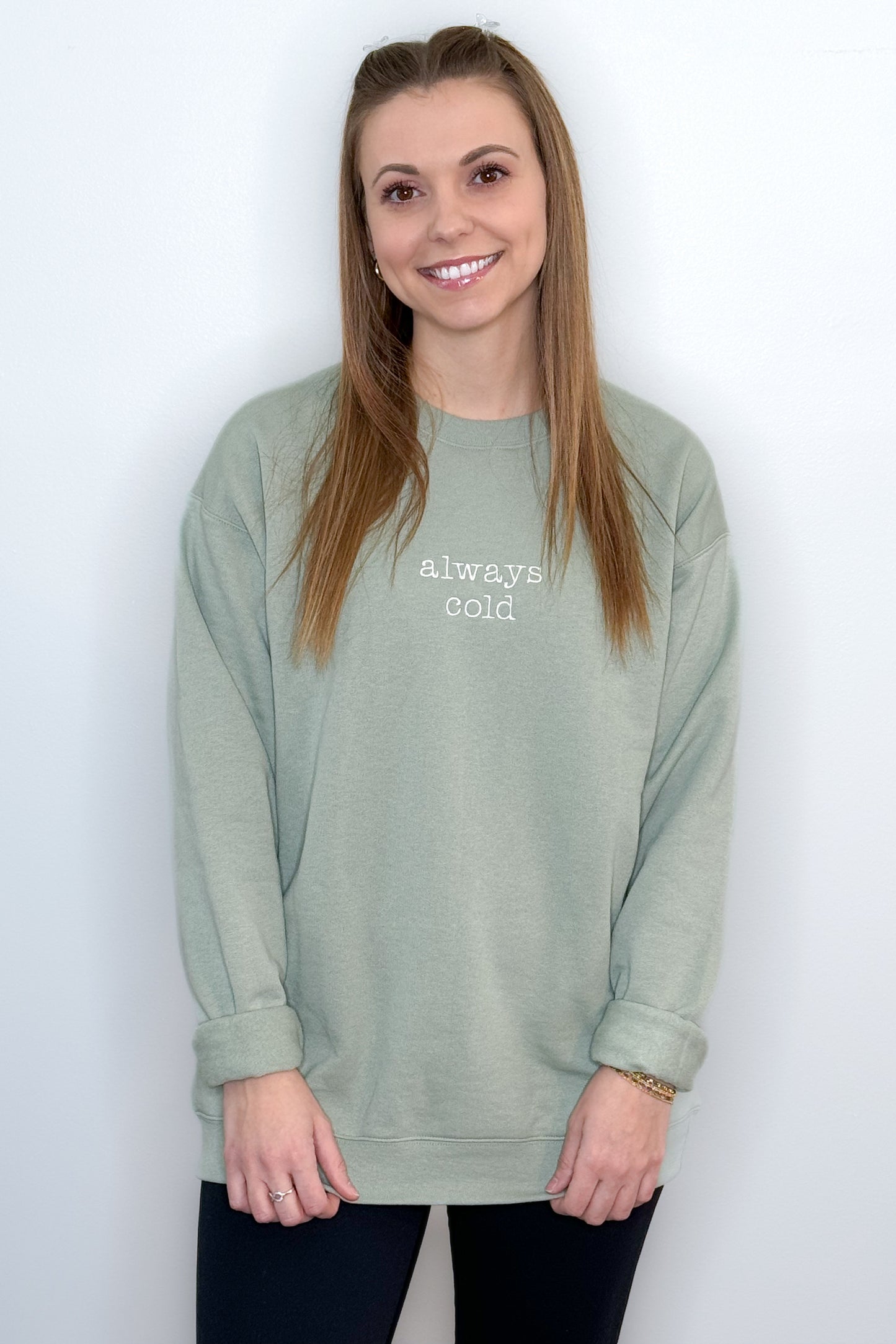 Always Cold Embroidered Crewneck Sweatshirt, Stonewash Green