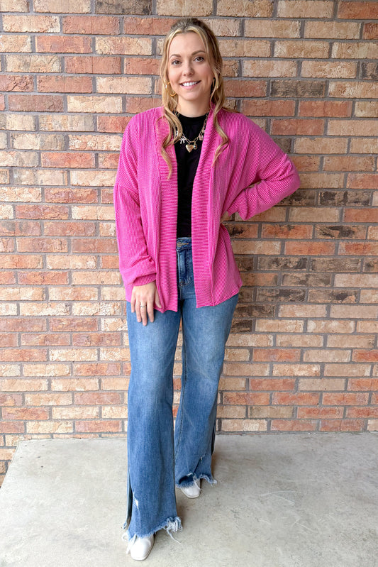 Road Less Traveled Ribbed Crop Cardigan, Fuchsia