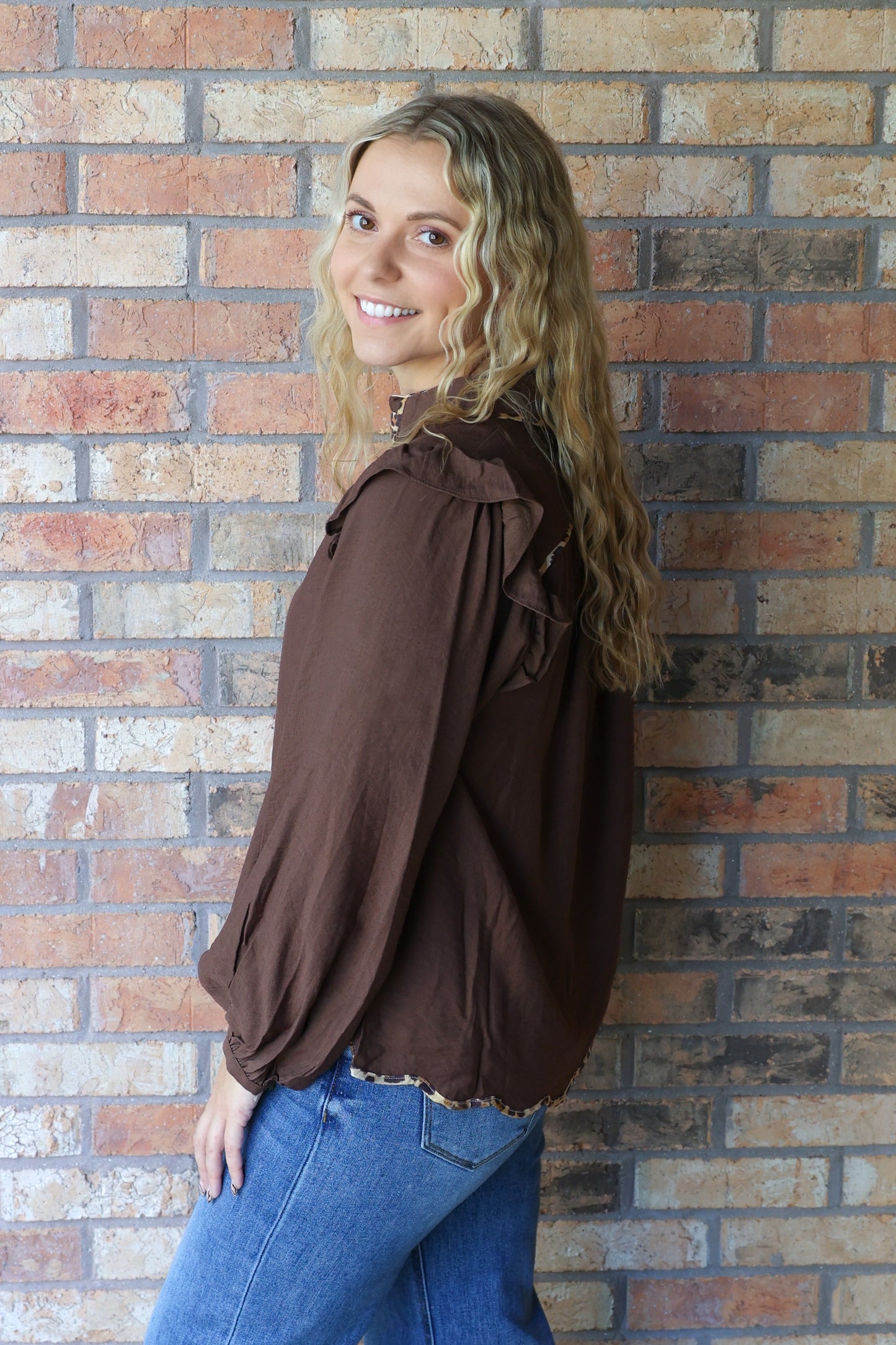 Wild Nature Ruffle Shoulder Button Down Leopard Trim Top, Brown