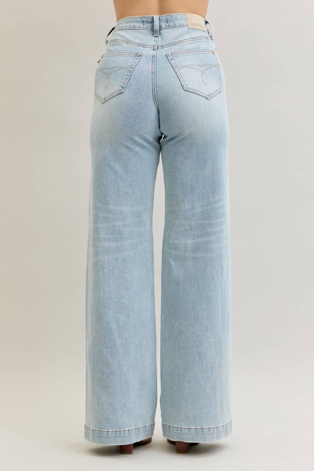 High Waisted Retro Wide Criss-Cross Waist Band Mild Destroy Judy Blue Jeans, Light Wash