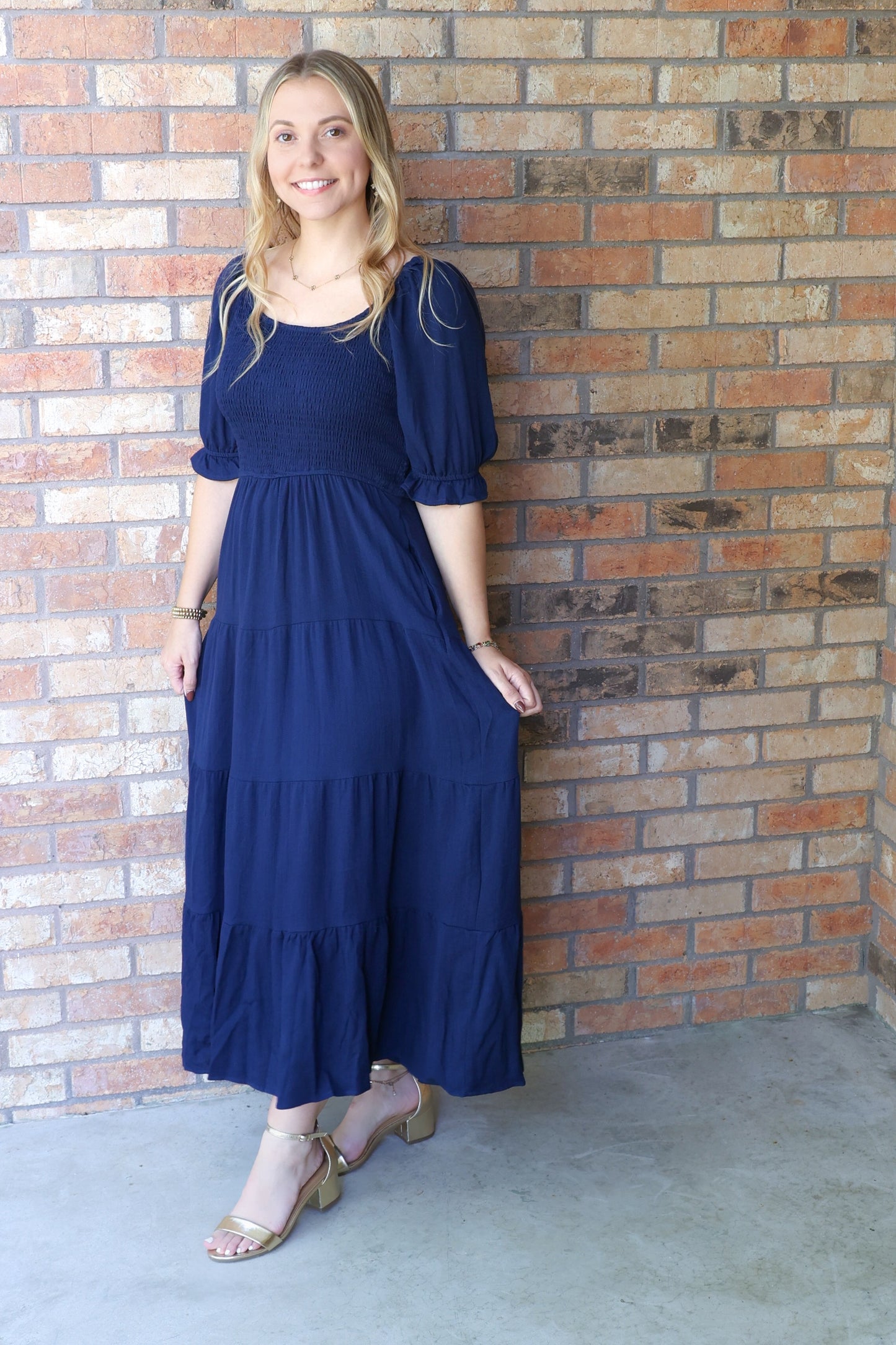 Jolene Smocked Tiered Maxi Dress, Classic Navy