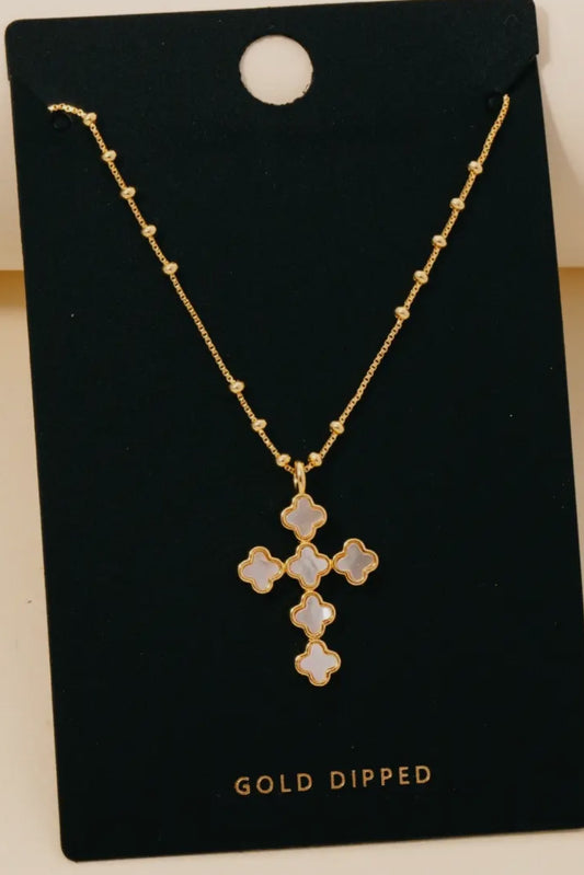 Gold Dipped Mother of Pearl Clover Cross Pendant Necklace