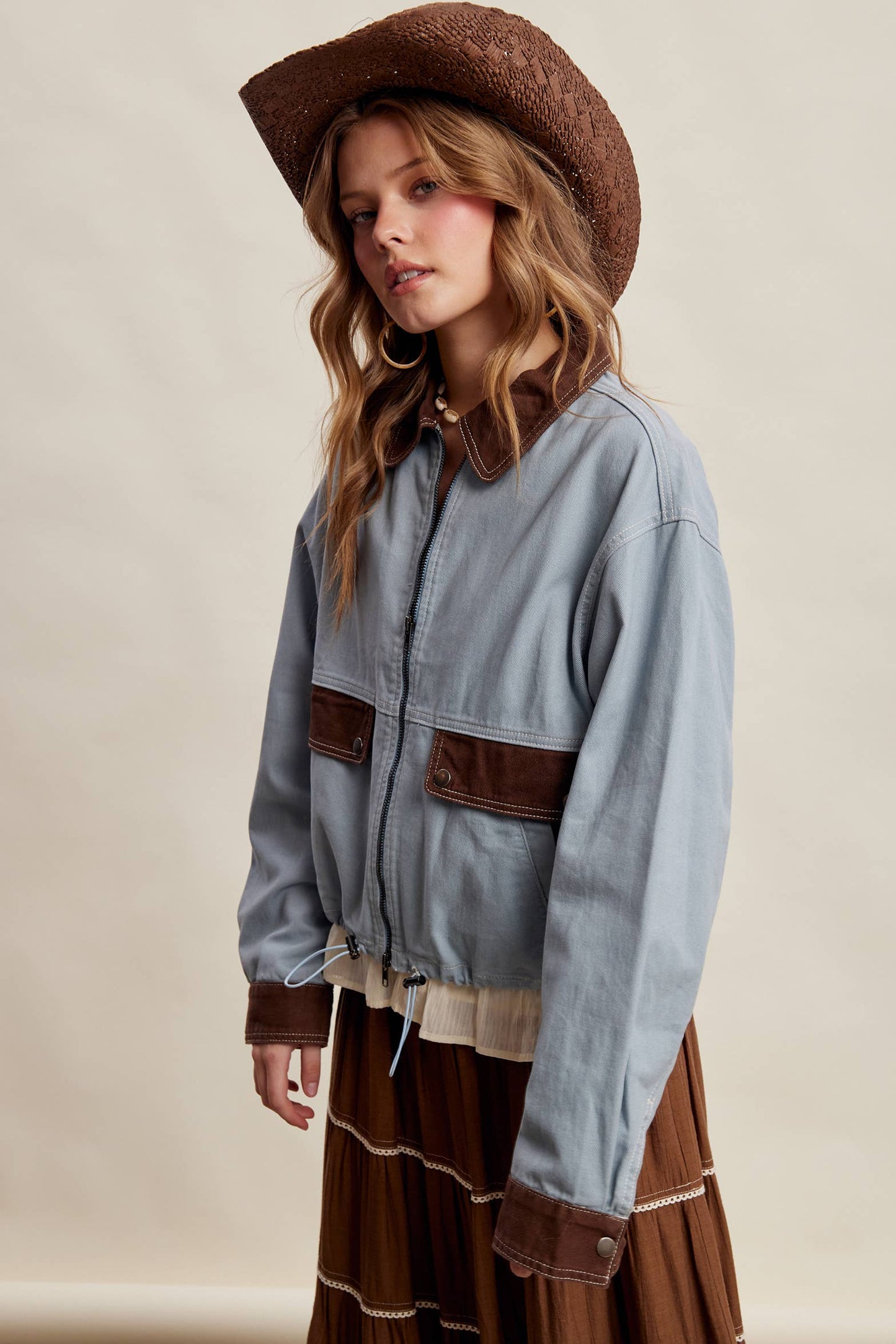 The Scenic Route Contrast Trim Western Utility Jacket, Dusty Blue