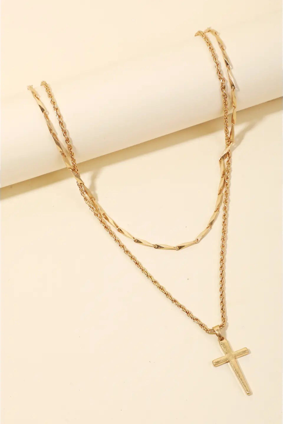 Cross Pendant Layered Chains Necklace, Gold