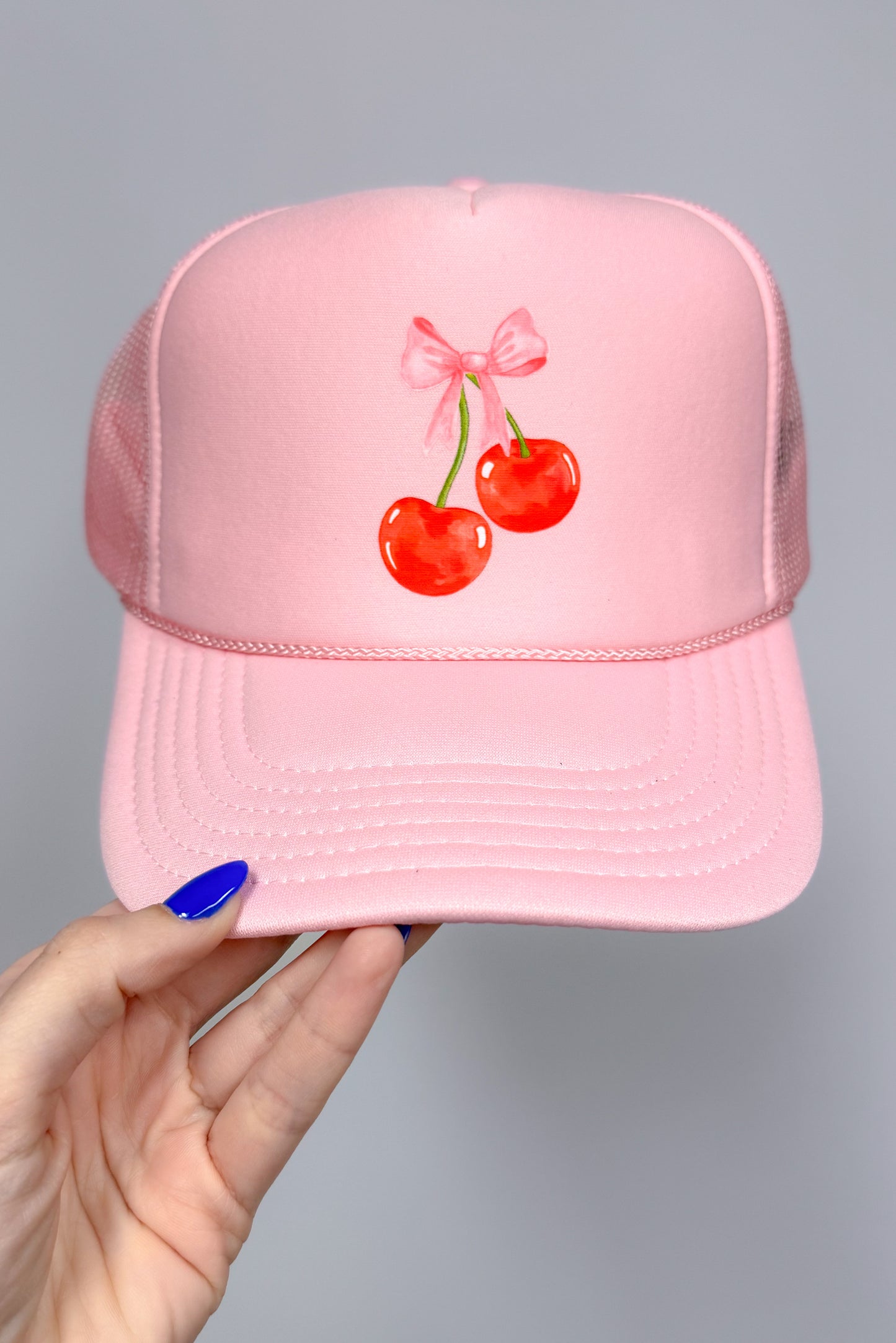 Bow Cherry Trucker Hat, Pink