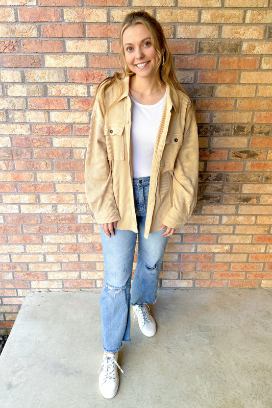 Thinking It Over Oversized Waffle Shacket, Taupe