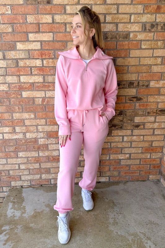 New Horizons Quarter Zip Pullover and Jogger Modal Travel Set, Blush Pink