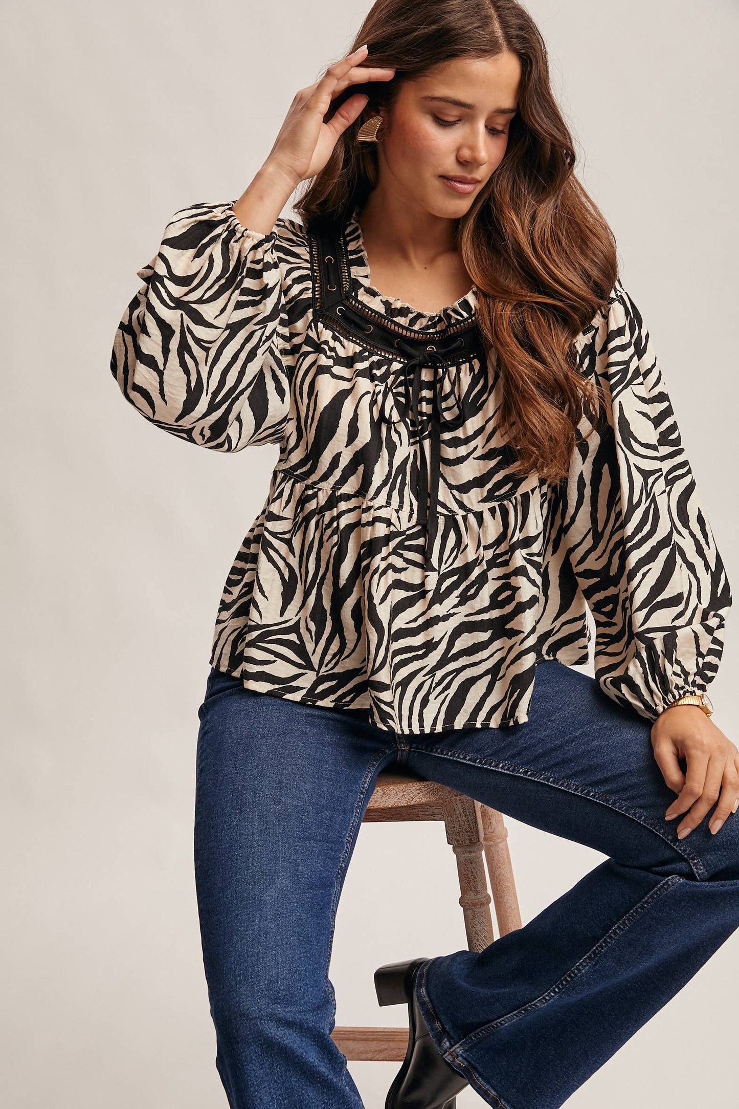 Running Wild Zebra Jacquard Blouse with Faux Leather Trim, Black