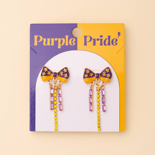 Game Day Crystal Rhinestone Embellished Bow Post Earrings, Purple/Gold