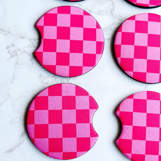 Pink Checkerboard Design Car Coasters