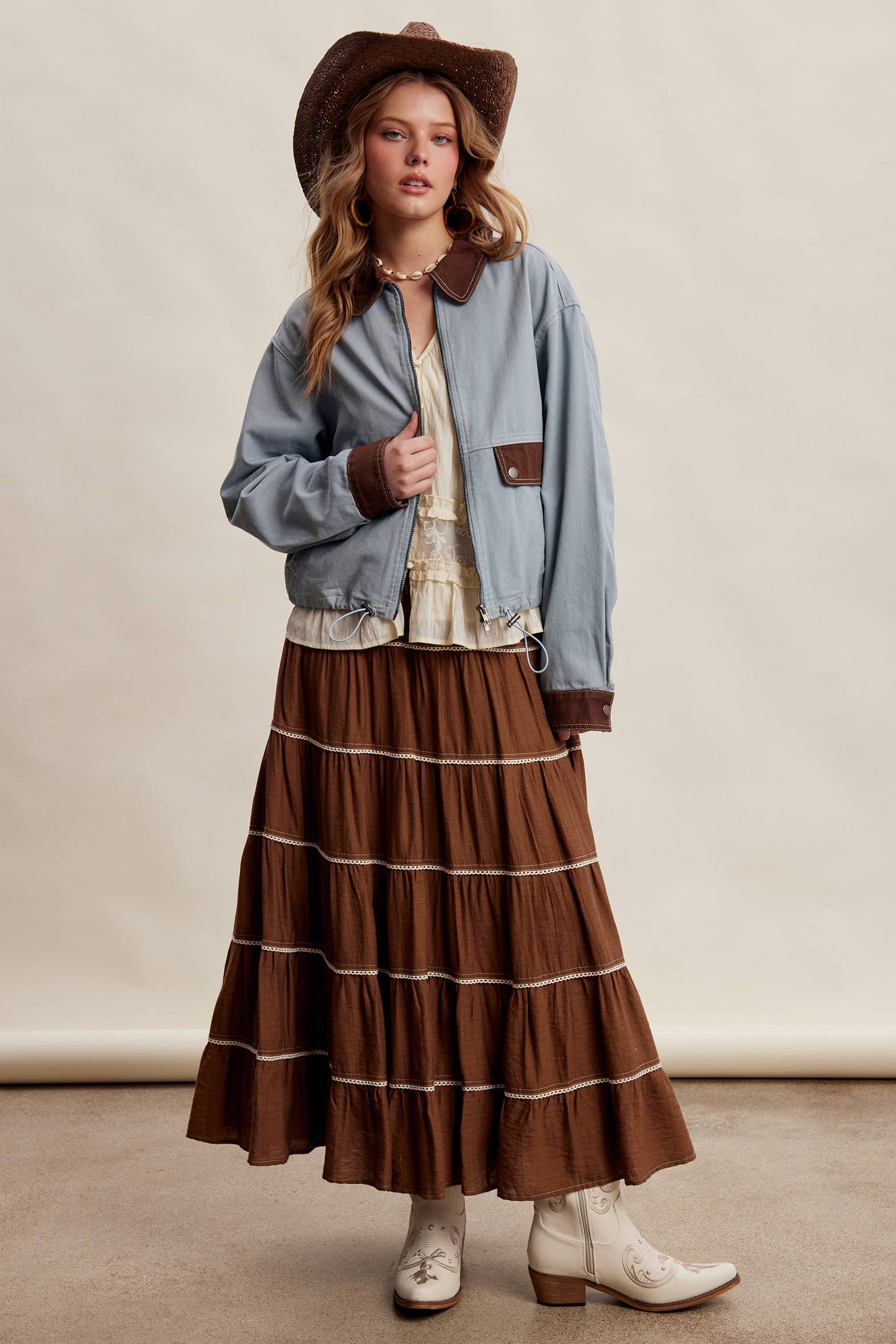 The Scenic Route Contrast Trim Western Utility Jacket, Dusty Blue