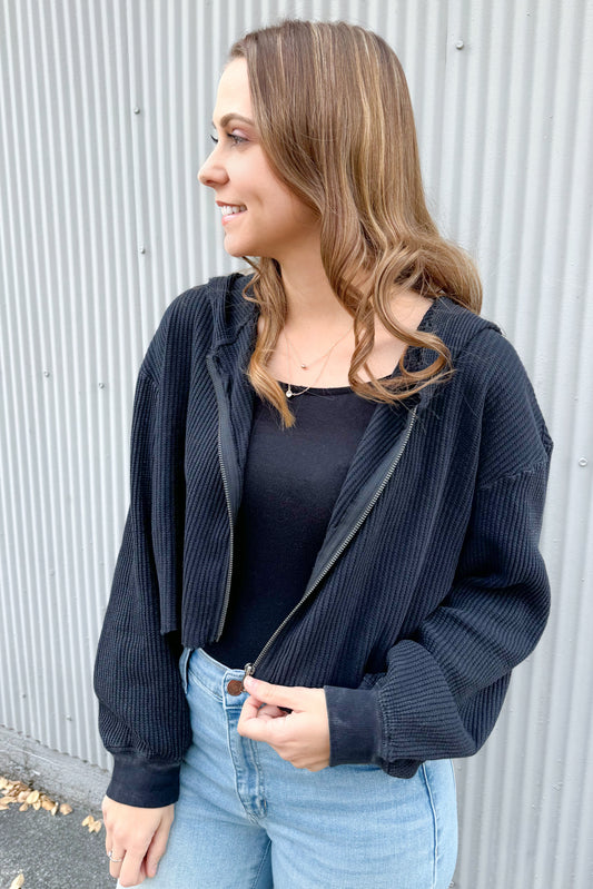 Trend Alert Zip Up Cropped Hoodie, Black