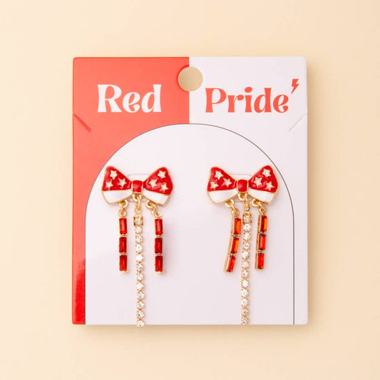 Game Day Crystal Rhinestone Embellished Bow Post Earrings, Red/White
