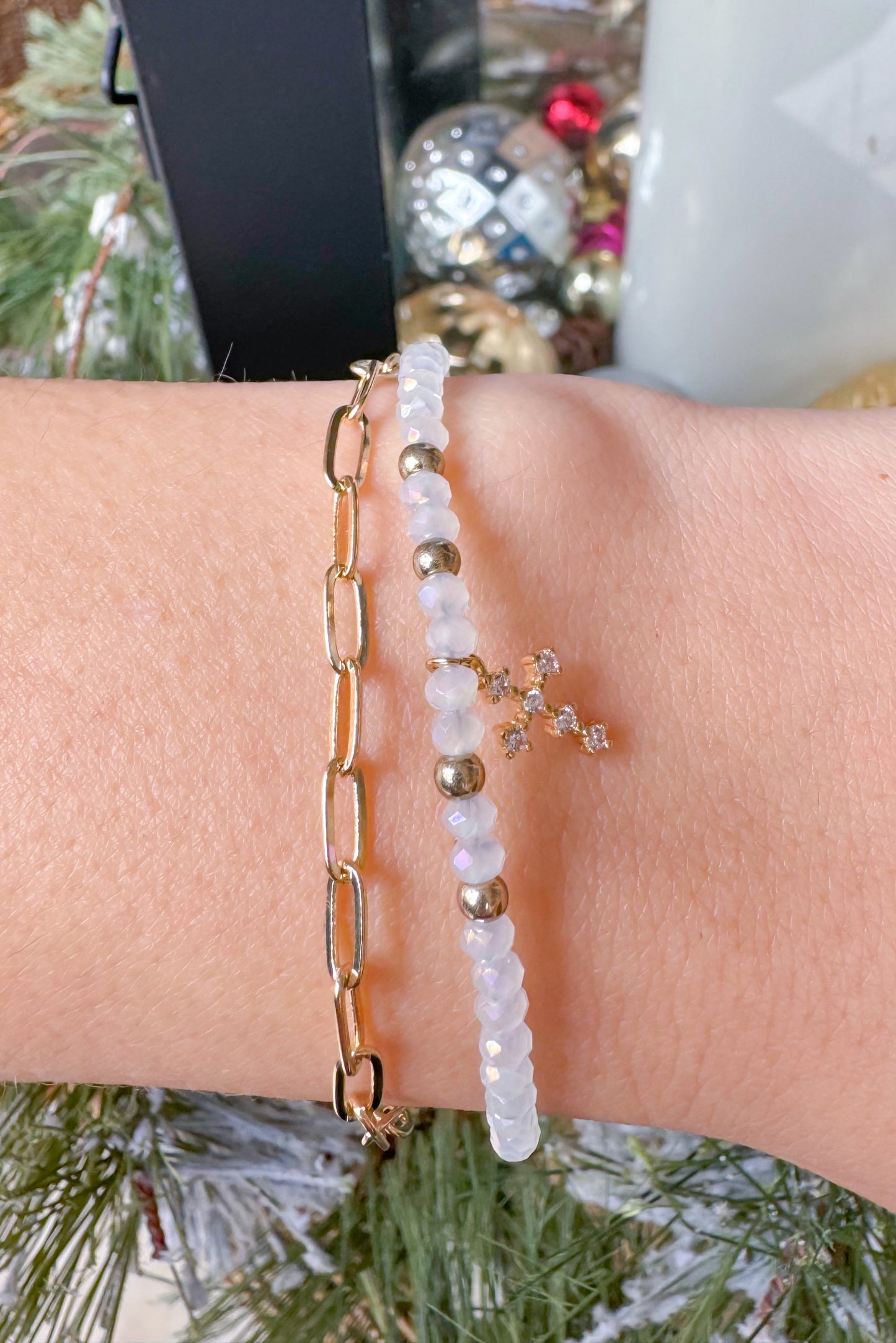 Studded Cross Charm Layered Bracelet, White