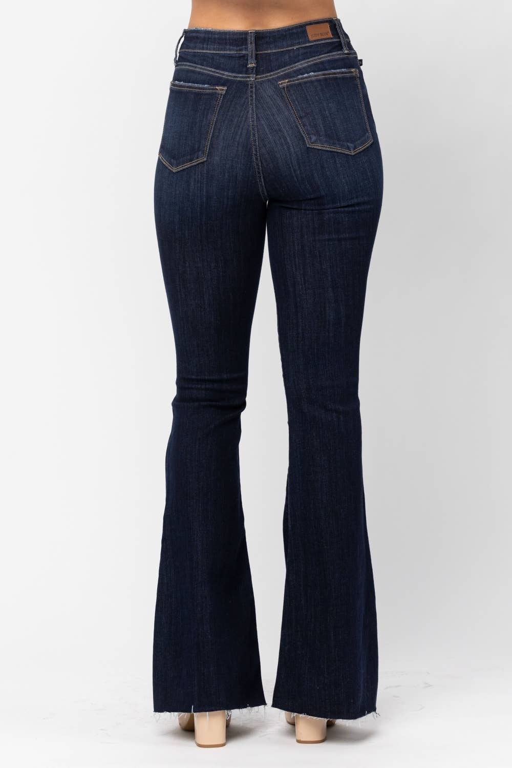 High Waisted Raw Hem Flare Judy Blue Jeans, Dark Wash